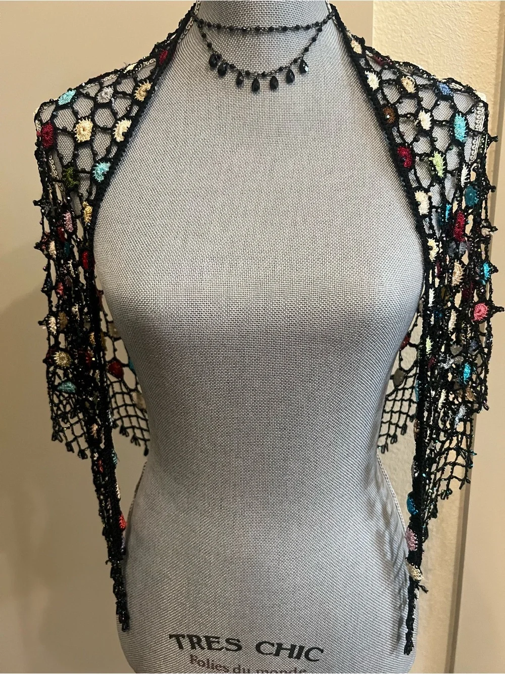 Vintage Bohemian Black Crochet and Beaded Shawl with Vibrant Multicolor Flowers